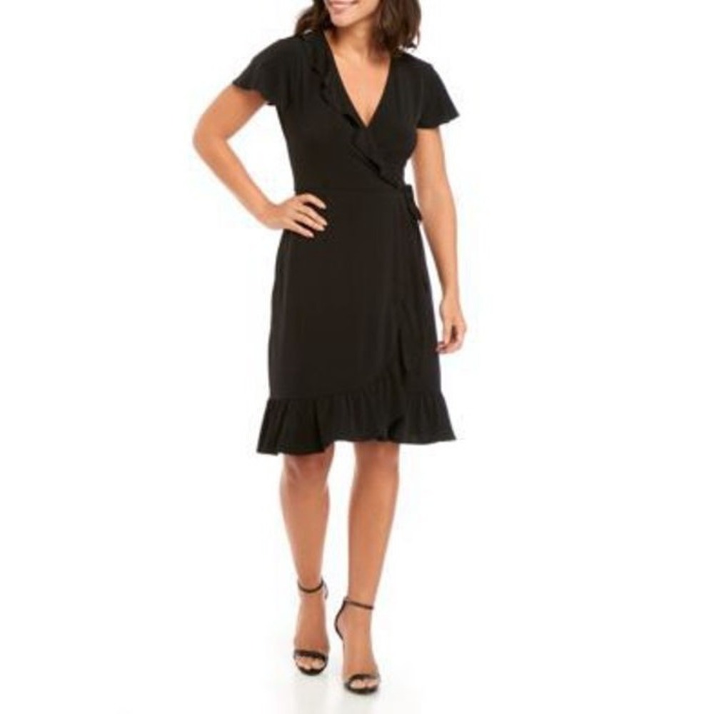 Ellen‎ Tracy Flounce Sleeve Faux Wrap Dress Flirty Midi Ruffles Size M